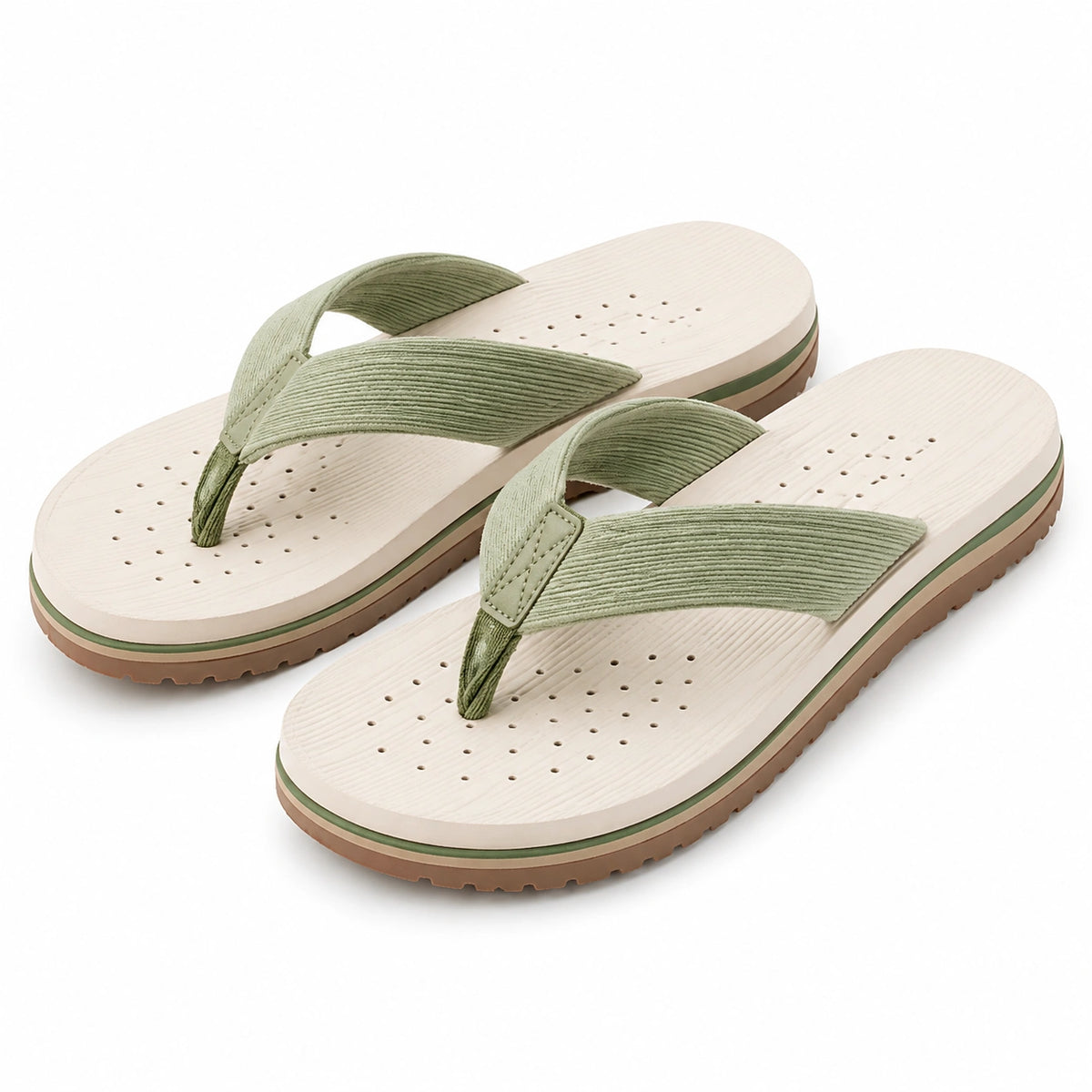 Infradito 42/43 beige e verde con fascia in tessuto a coste e suola antiscivolo