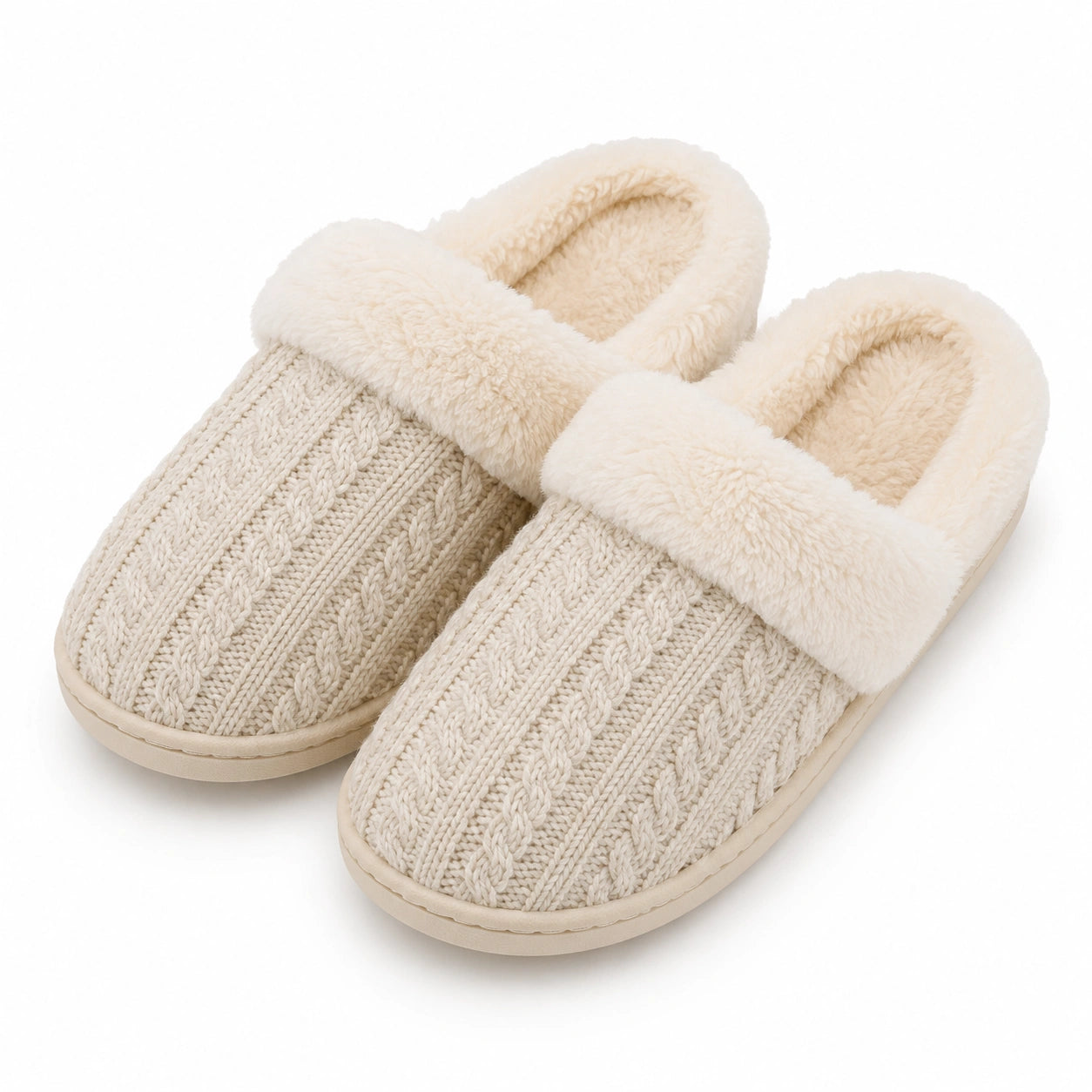 Pantofole da casa 38/39 in tessuto lavorato beige con bordo effetto pelliccia