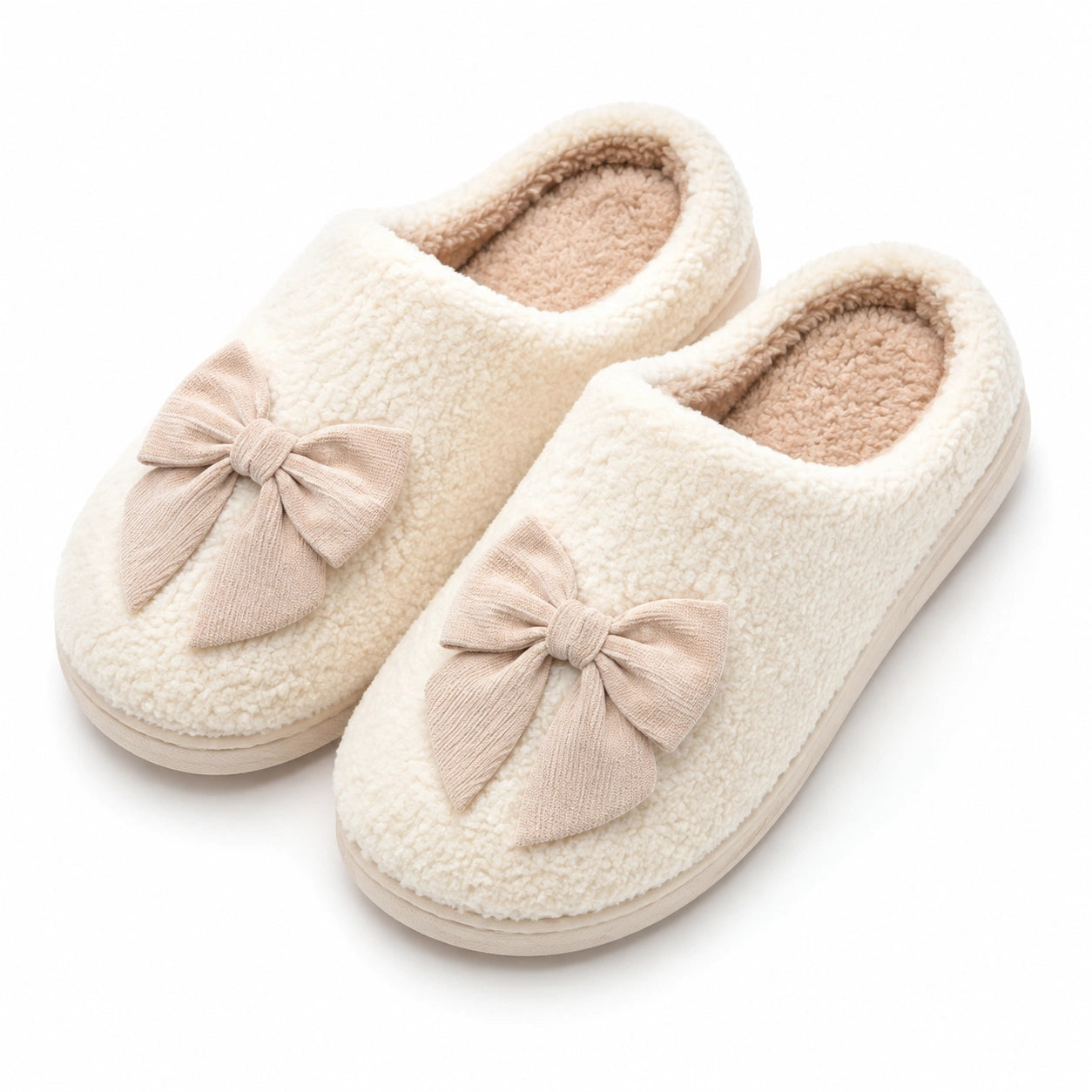 Pantofole da donna 40/41 in tessuto teddy avorio con fiocco - calzature da interno